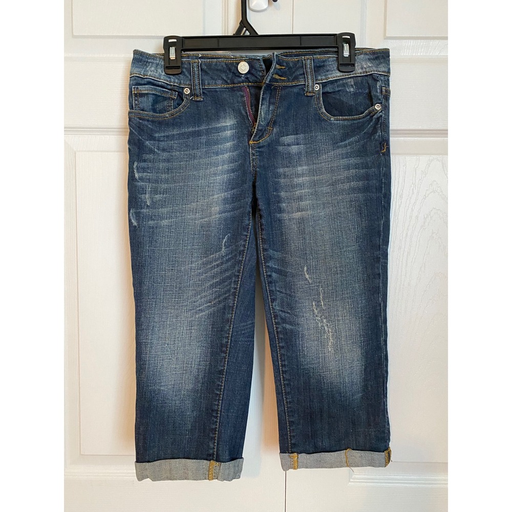 Vigoss V Jeans Womens Size 5 Medium Wash Distressed Cuffed Capri Cropped Jeans